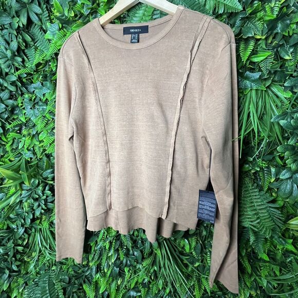 Forever 21 Tops Women XL Light‎ Brown Cut Raw Edge High Low Blouse NWT  0298 - Picture 7 of 13